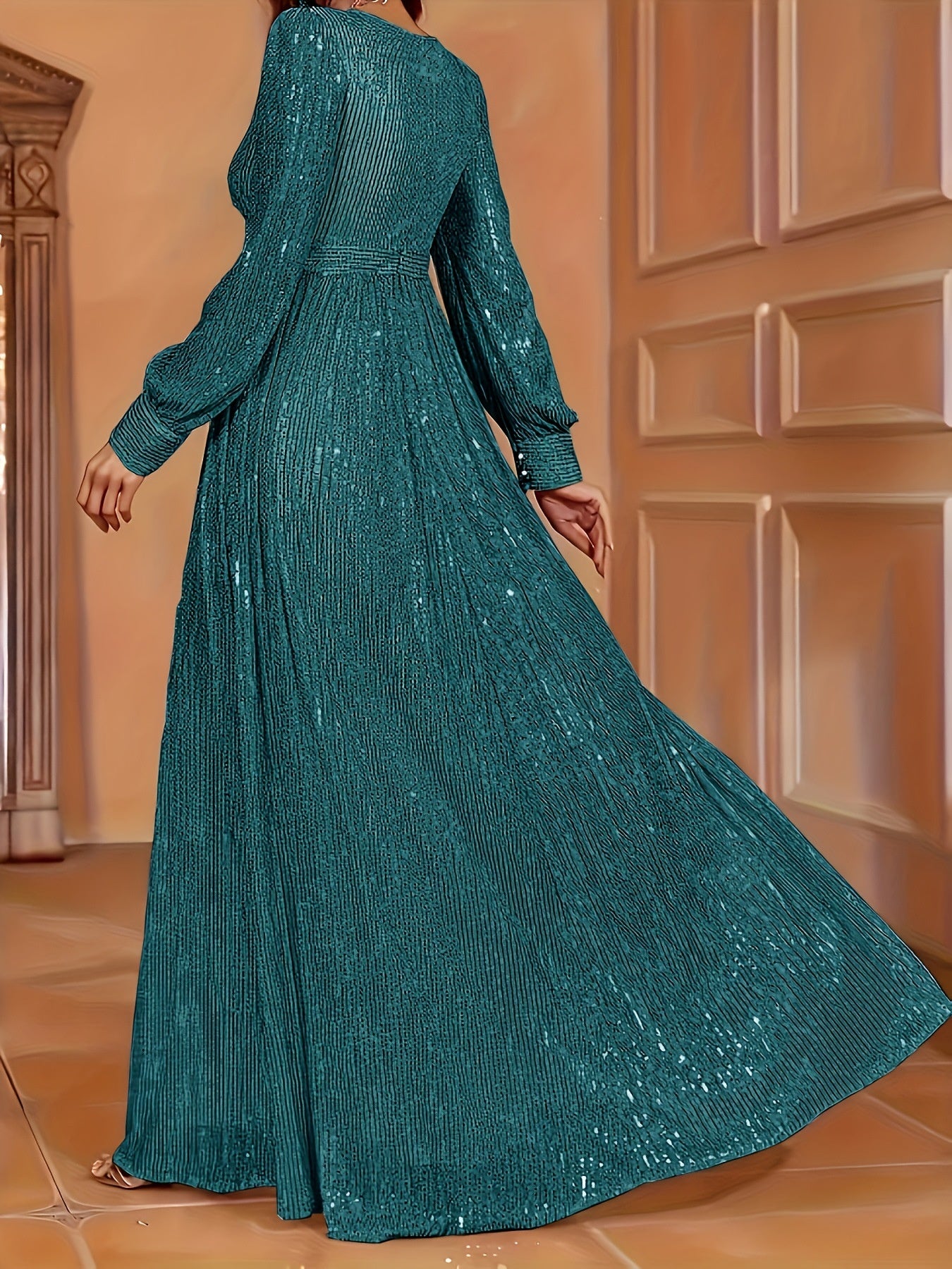 Elegant Dinner Sequined Long Sleeve V-neck High Waist Evening Dress