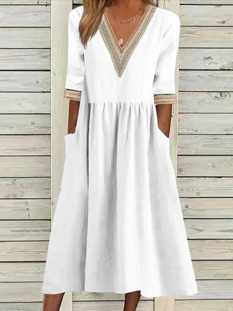 Cotton And Linen Lace Collar Half Sleeve Mid-length Dress