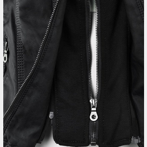 Women's Detachable Lapel Long Sleeve Solid Color Zipper Leather Jacket Coat