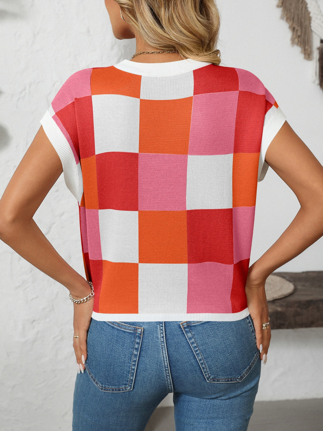 Mandy Checkered Round Neck Cap Sleeve Knit Top