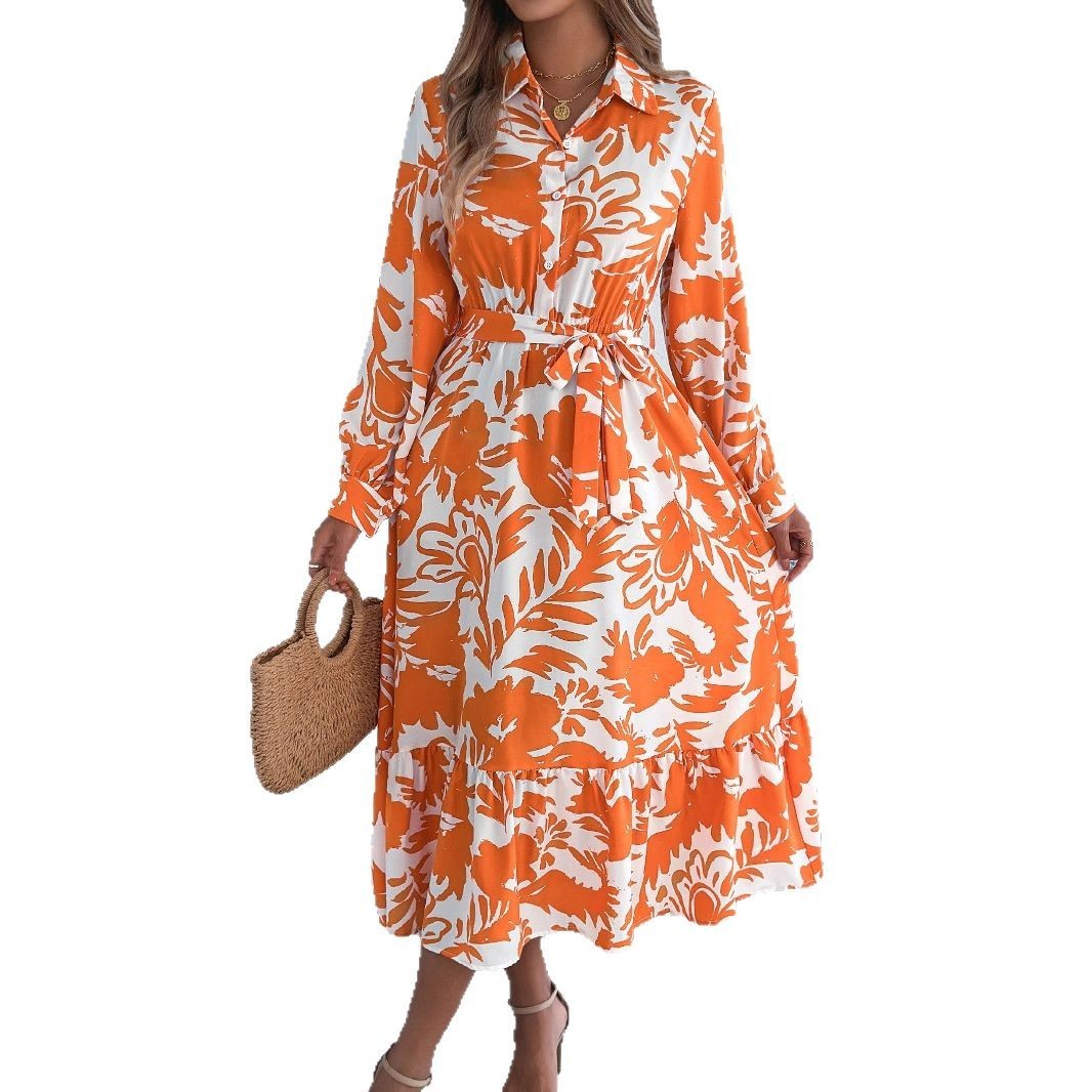 Women's Clothing Spring And Summer Leisure Flower Long Sleeve Shirt Skirt Dress