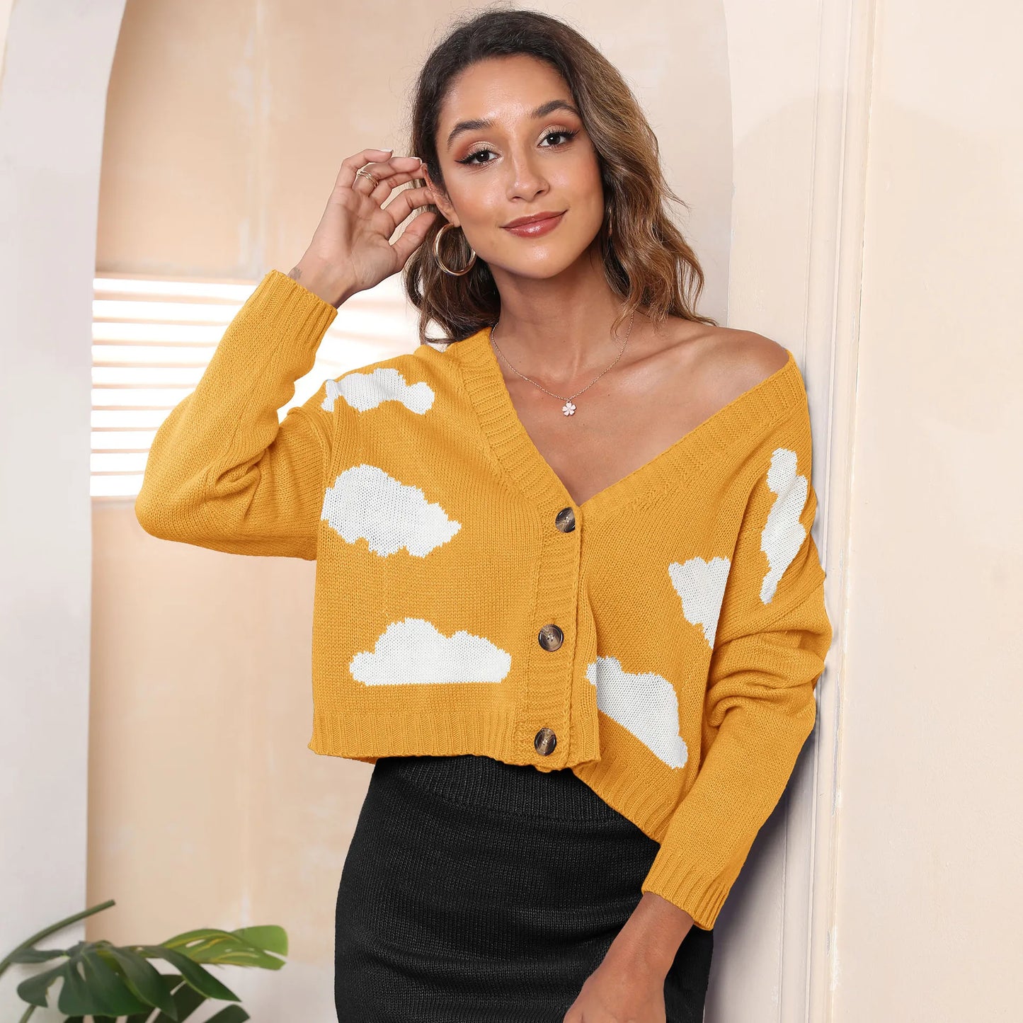 European And American Women's Clothing White Cloud Jacquard Three-button V-neck