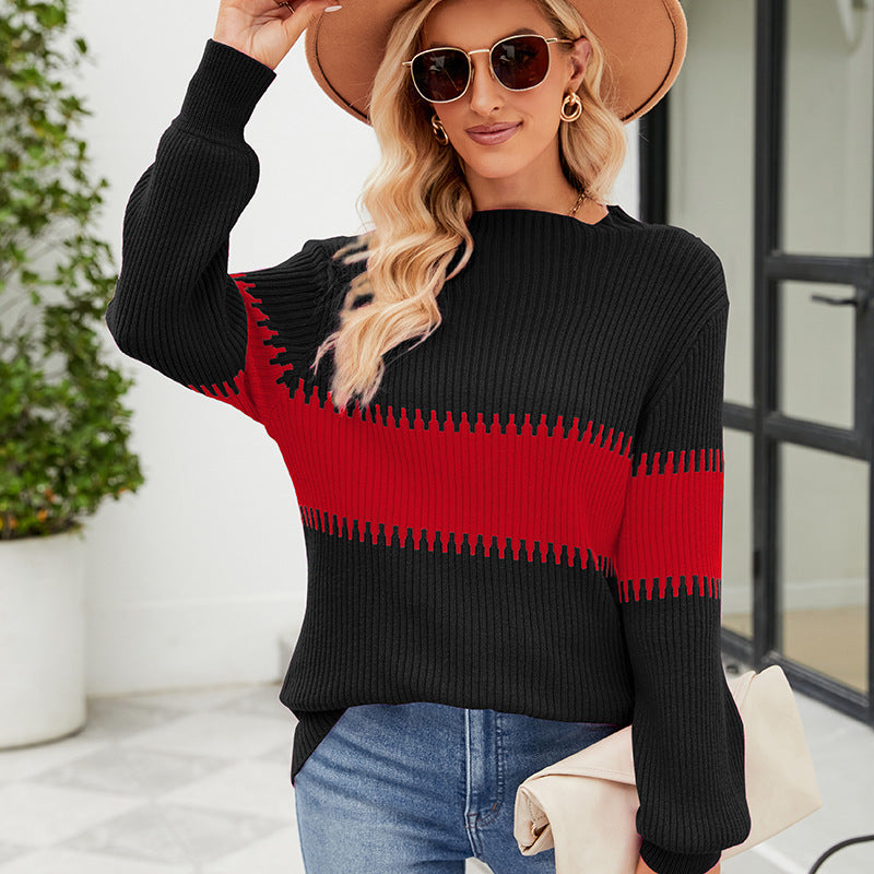 Women's Loose Color Contrast Patchwork Mock Neck Sweater