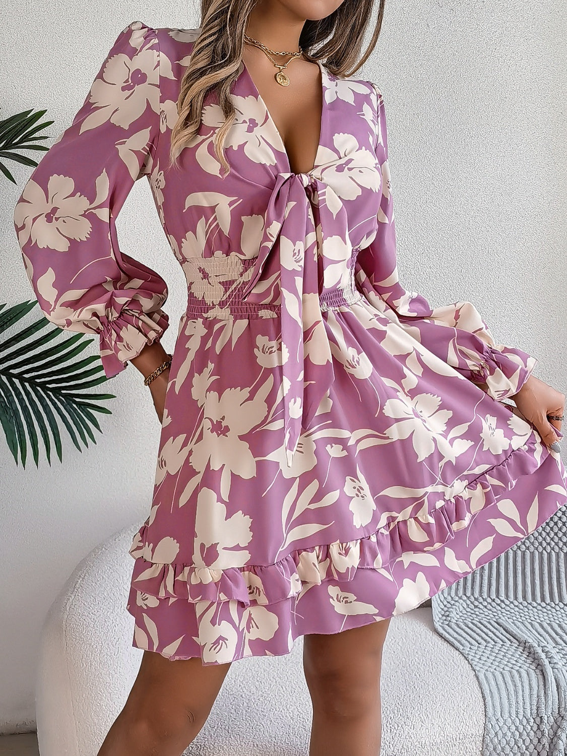 Tied Ruffled Printed Long Sleeve Dress Floral