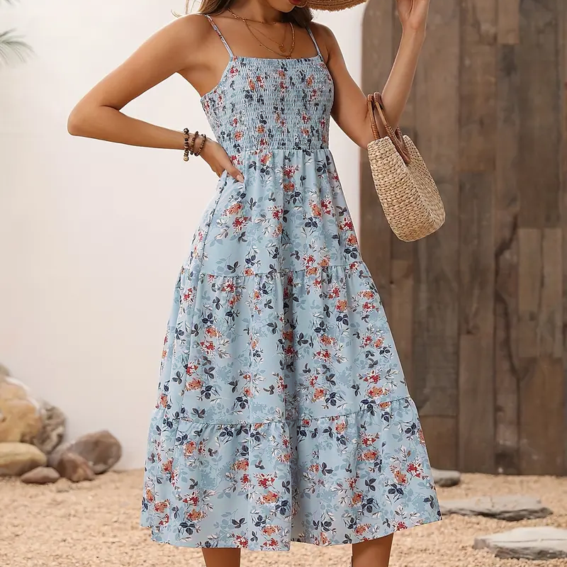 Womens Summer Floral Midi Dress Smocked Spaghetti Strap Sleeveless Tiered Casual Flowy-FREE USA SHIPPING Dresses
