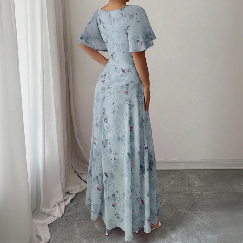 Women's Solid Color Square Neck Short Sleeve Butterfly Print Flowy Dress A-Line Summer Vacation Maxi Dress