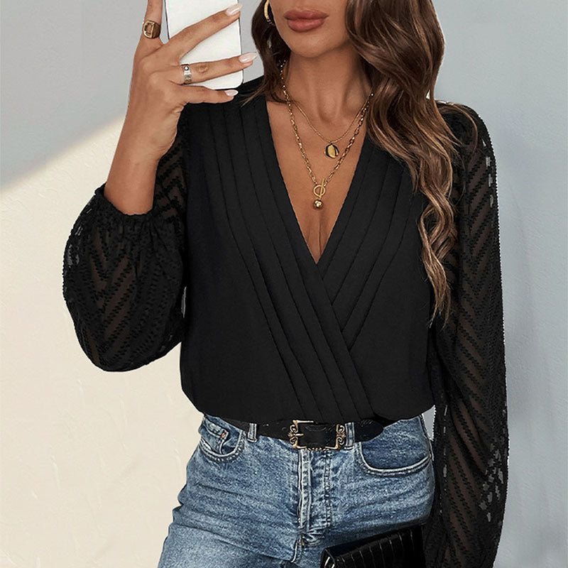 All-matching Solid Color And V-neck Pleated Lace See-through Long-sleeved Top