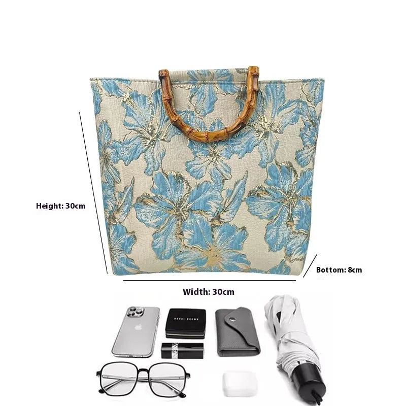 Women's Light Blue Bronzing Flower Canvas Bag