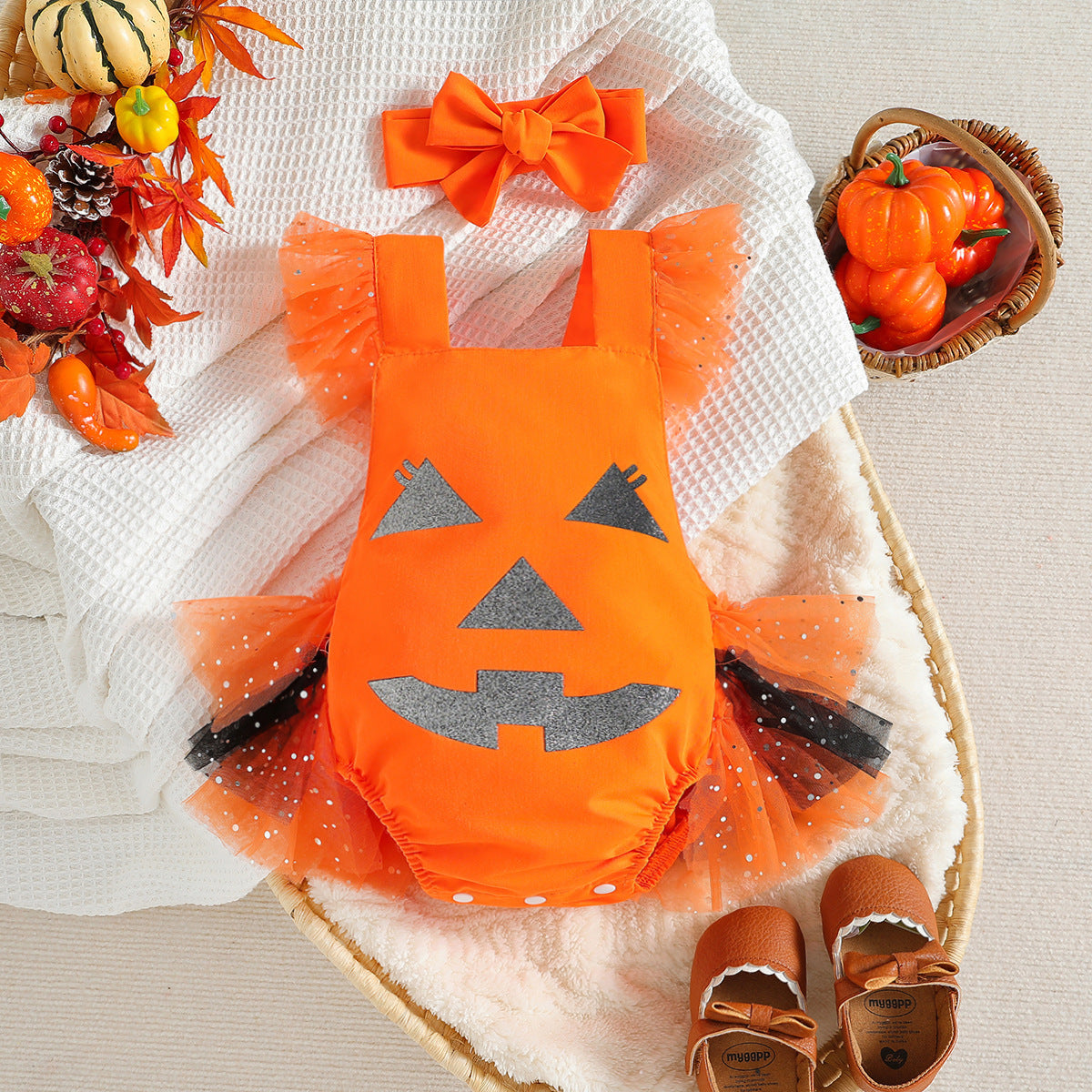 New Halloween Baby Jumpsuit Children's Funny Pumpkin Mesh Romper