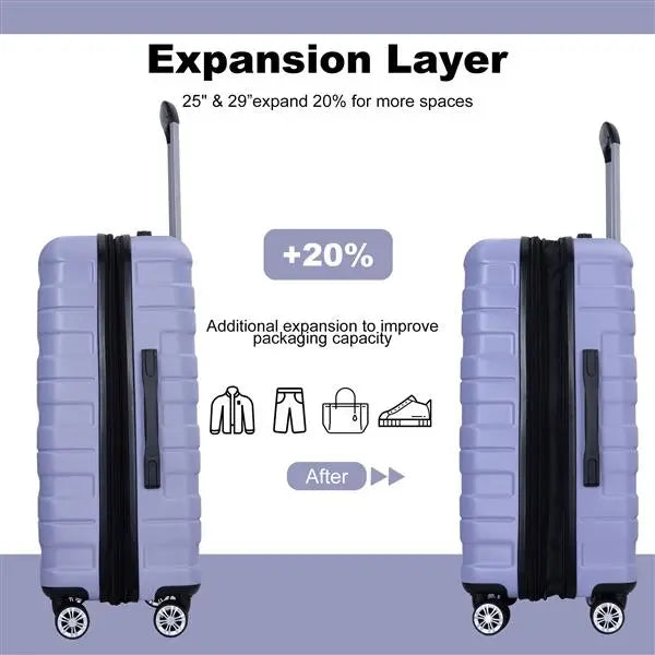 3 Piece Suitcase Set PC Lightweight And Durable Expandable Carrying Case With Two Hooks, Double Swivel Wheels, TSA Lock, 21-25-29 Light Purple- FREE USA SHIPPING