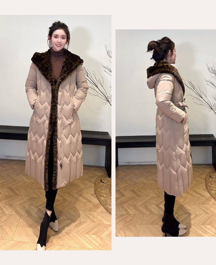 Stitching Overknee Long Slim-fit Belt Elegant Cotton-padded Jacket