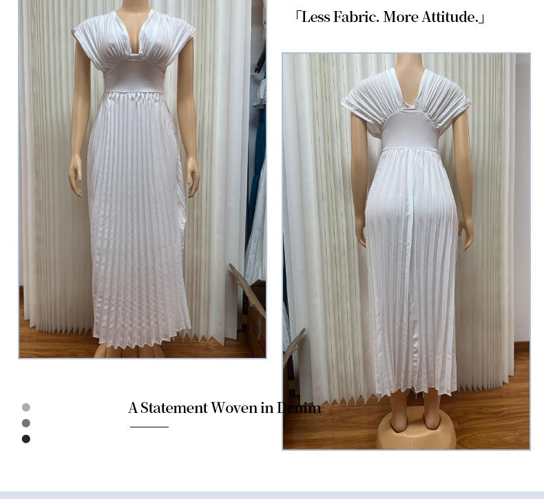 V-neck Sexy Bat Sleeve Slim-fit Pleated A- Line Dress