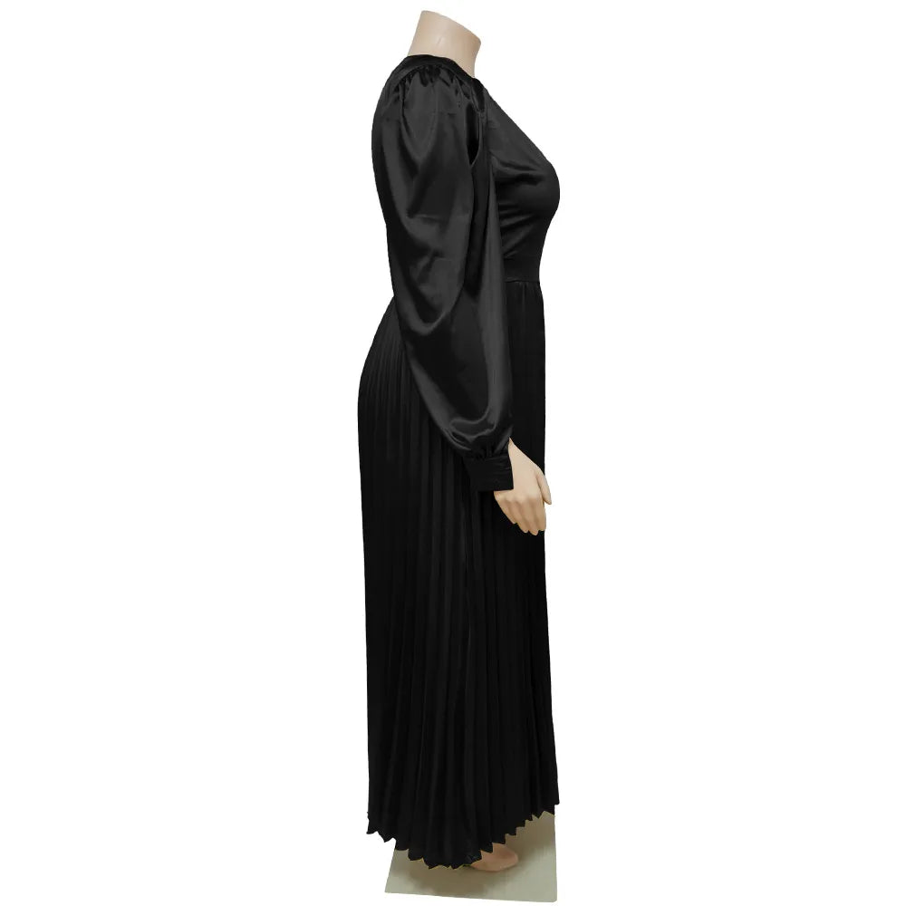 Pleated Round-neck Long Dress Women