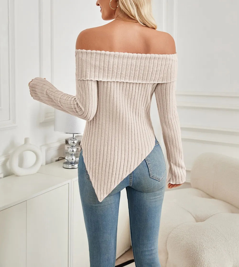 Women's Trendy Knit Ribbed Tops Bow Tie One Shoulder Long Sleeve Sweater Slim Cute Split Shirts Dressy Tops