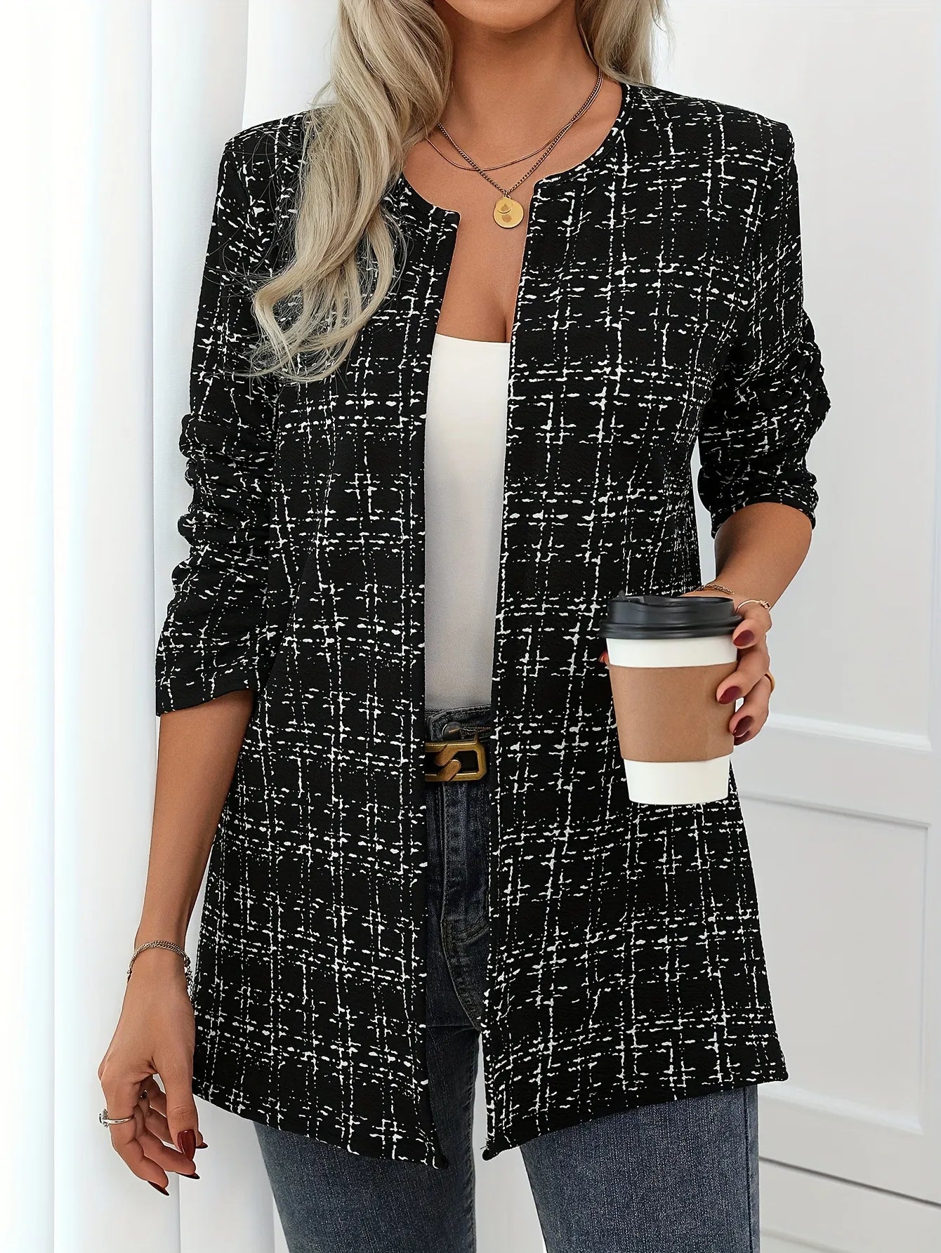 Casual Elegant Plaid Cardigan Crew Neck Coat