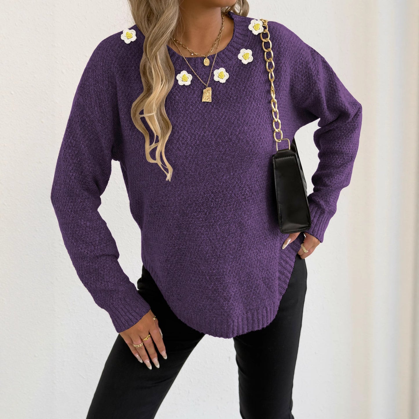 Women's Crochet Patchwork Round Neck Comfort And Casual Sweater