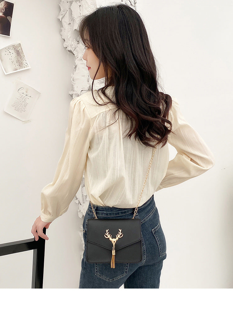 Tassel Deer Head Contrast Color Chain Small Square Leisure Phone Bag