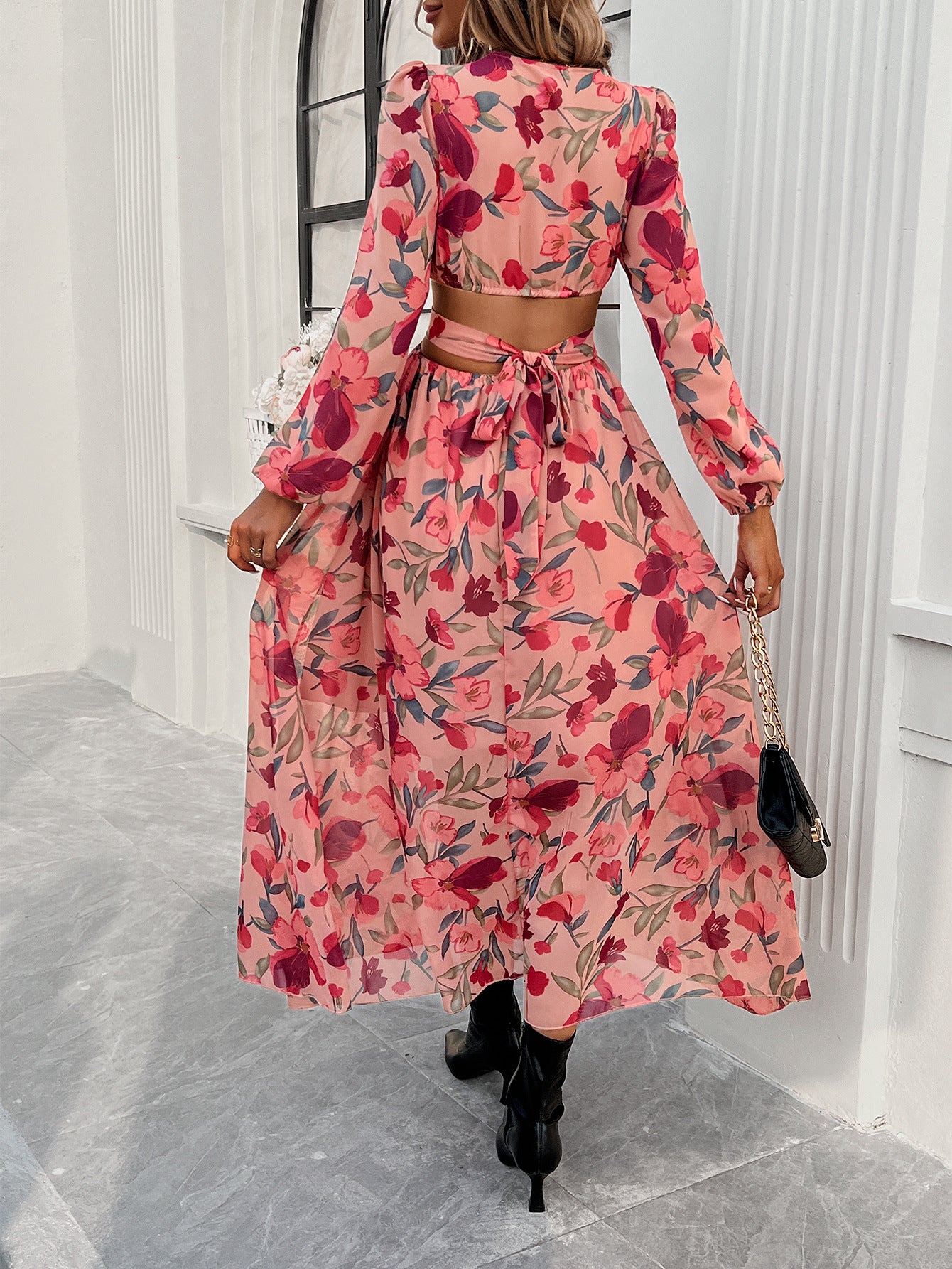 Fashion Florals Print Long Sleeve Dress Casual Holiday Tight-waisted V-neck Dresses Women Clothing