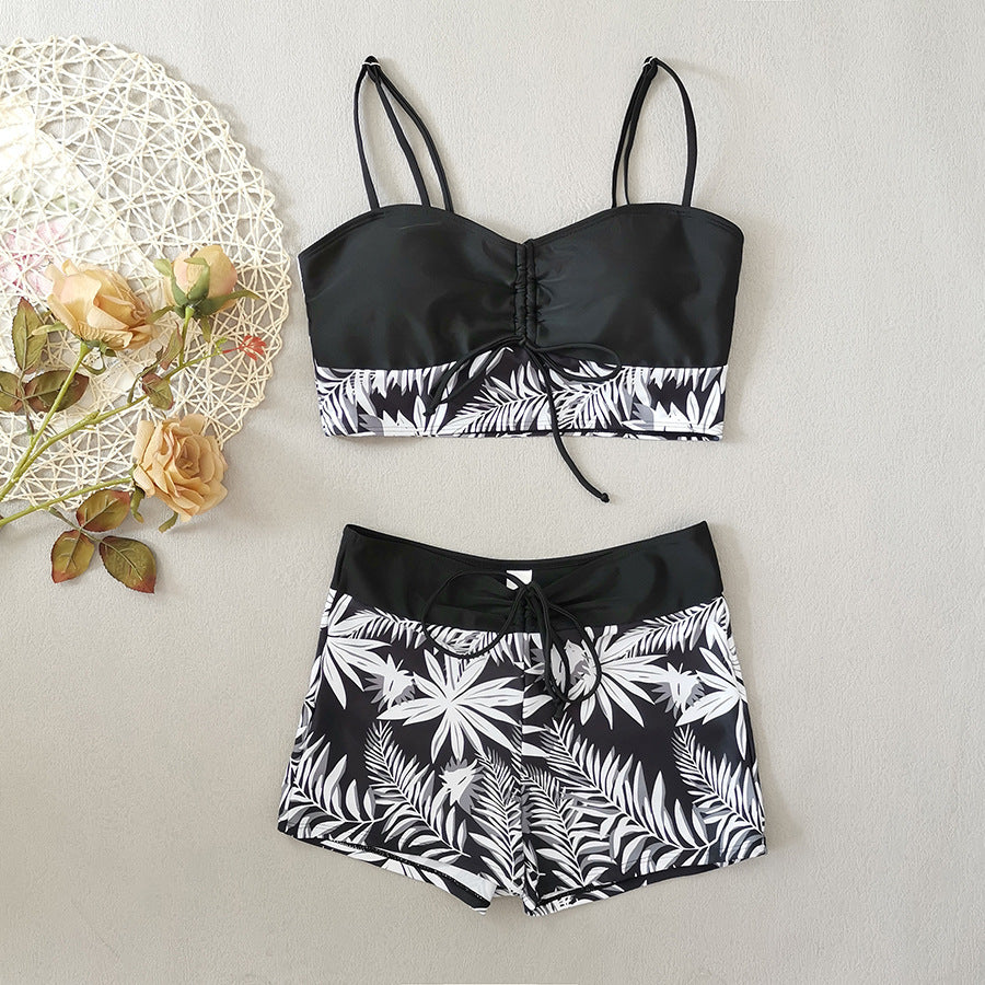 Women's Split High Waist Boxer Lace Printing Swimsuit