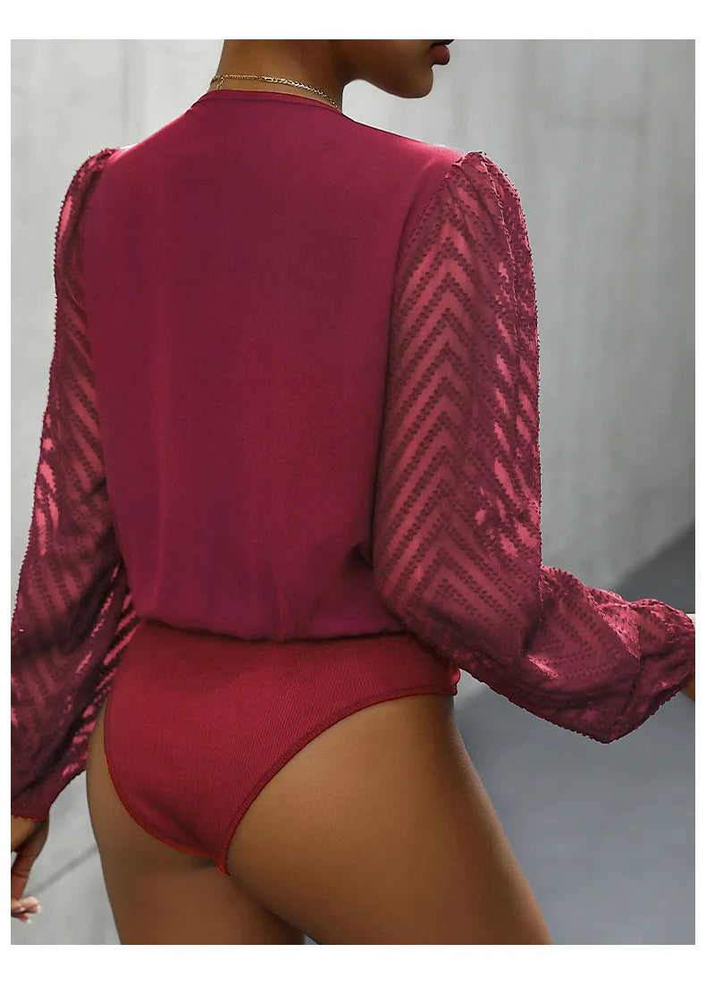 All-matching Solid Color And V-neck Pleated Lace See-through Long-sleeved Top