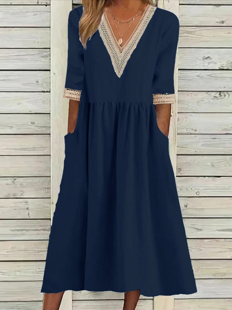 Cotton And Linen Lace Collar Half Sleeve Mid-length Dress