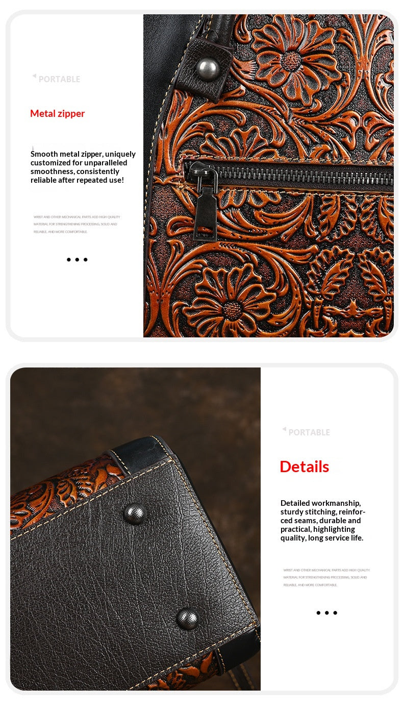 Single-shoulder Slanted-top Full-grain Leather Tote Bag With Leather Carving