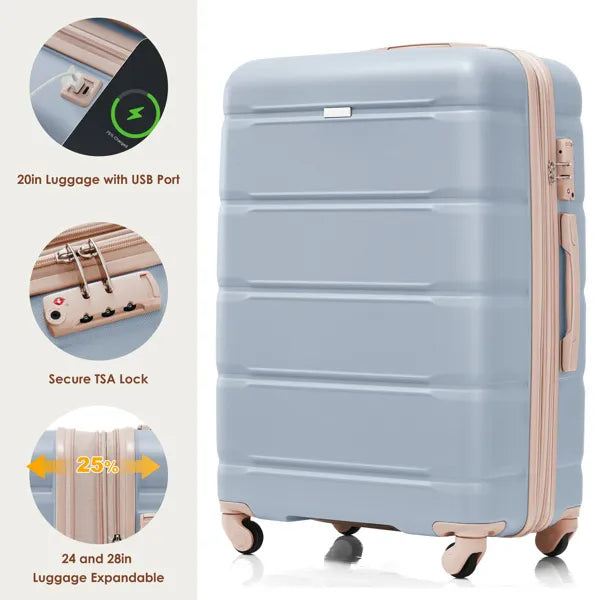 4-piece Luggage Set, 20 Inches With USB Port, Expandable ABS Durable Suitcase With Travel Bag, Cup Holder, ABS Hard Shell Luggage With Rotating Wheels- FREE USA SHIPPING