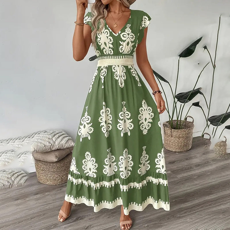 Women's Summer Flowy Maxi Dress Casual Cap Sleeve V Neck Smocked Waist Beach Sundress-FREE USA SHIPPING