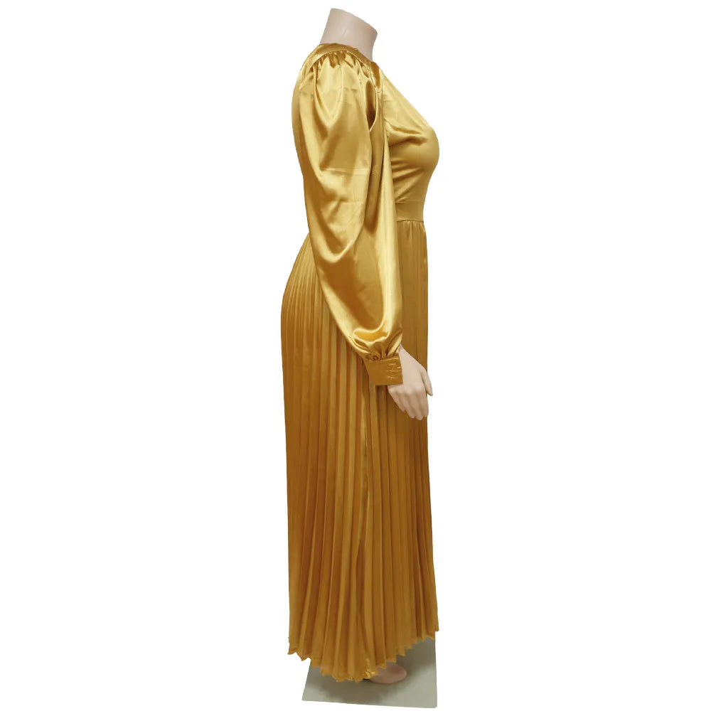 Pleated Round-neck Long Dress Women