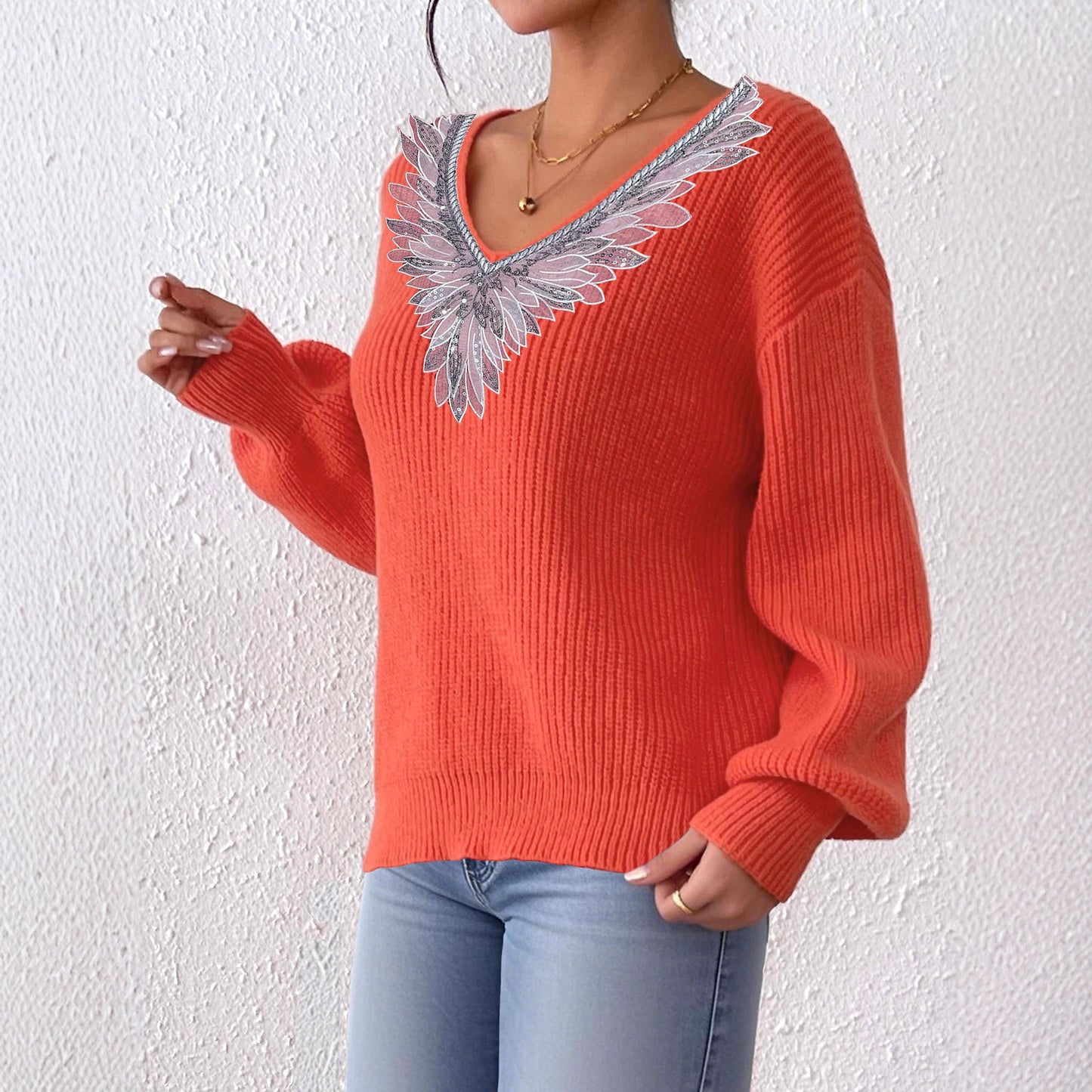 Lace Sequins Bow Tie V-neck Patchwork Pullover Long Sleeve Sweater