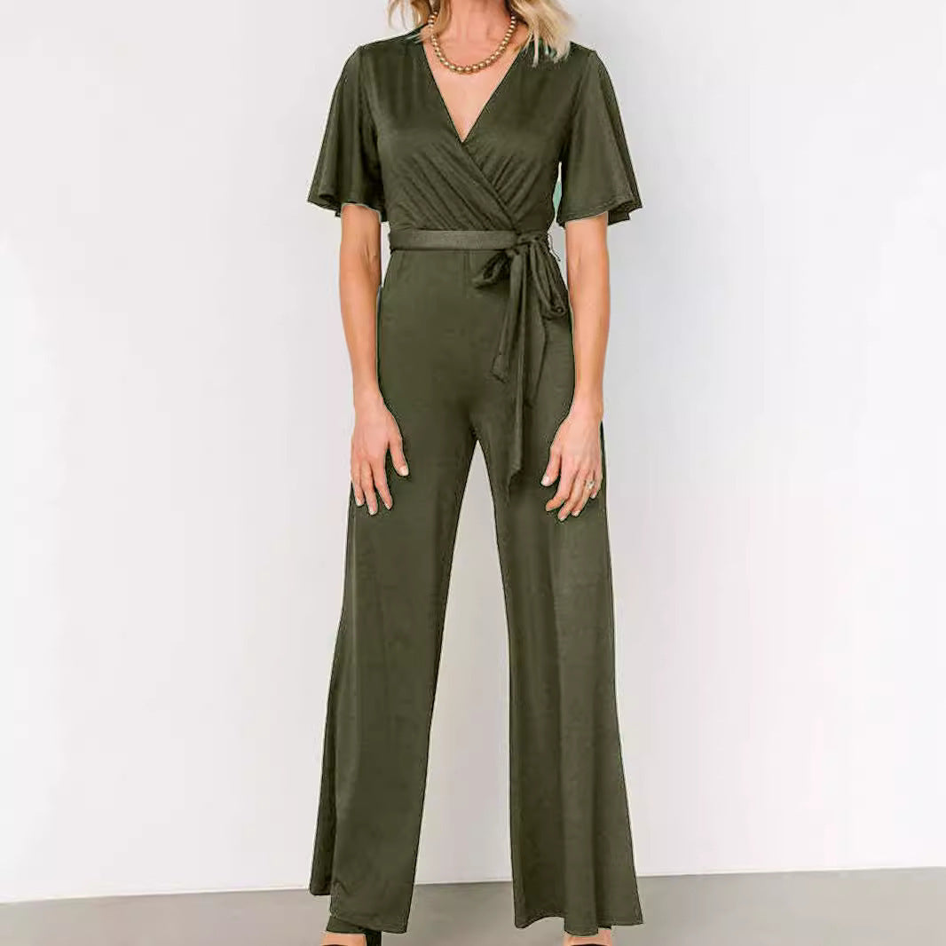 Women's Casual Solid Color Short Sleeve Belt Jumpsuit