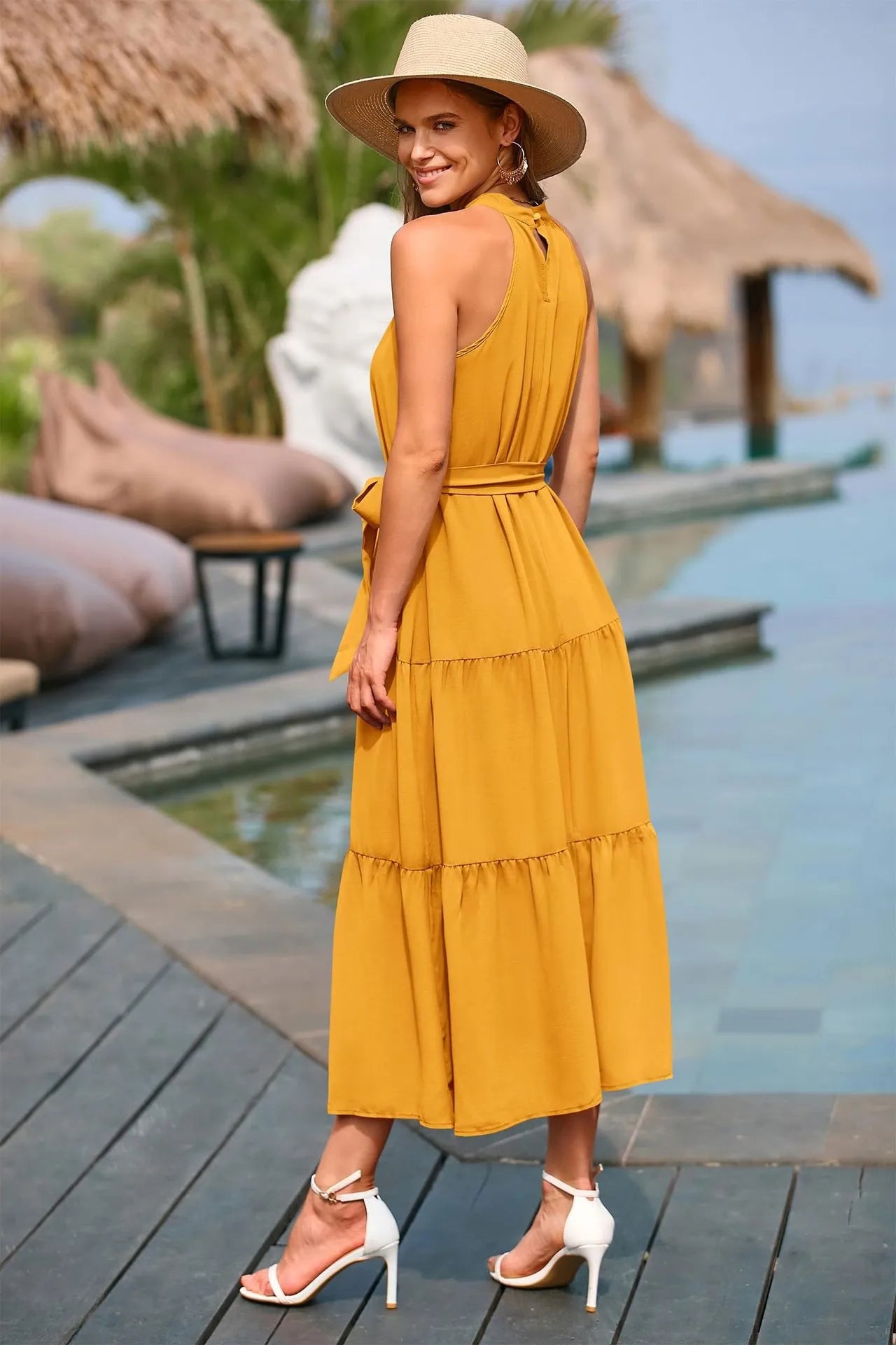 Halter Lace-up Casual Loose Stitching Dress