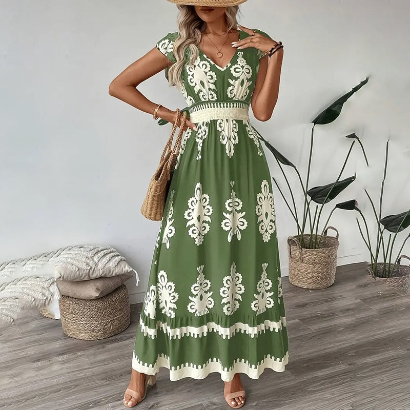 Women's Summer Flowy Maxi Dress Casual Cap Sleeve V Neck Smocked Waist Beach Sundress-FREE USA SHIPPING