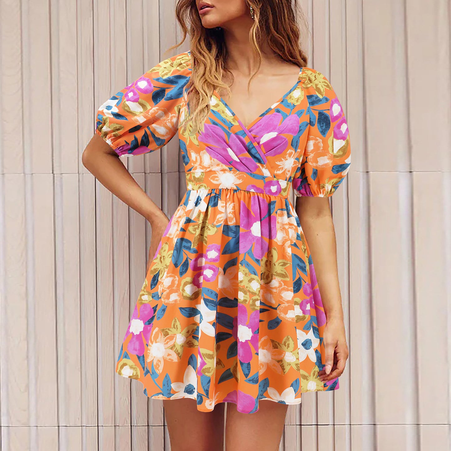 Flowers Print V-Neck Lantern-sleeve Dress Summer Vacation Beach Short Dresses Fashion Womens Clothing