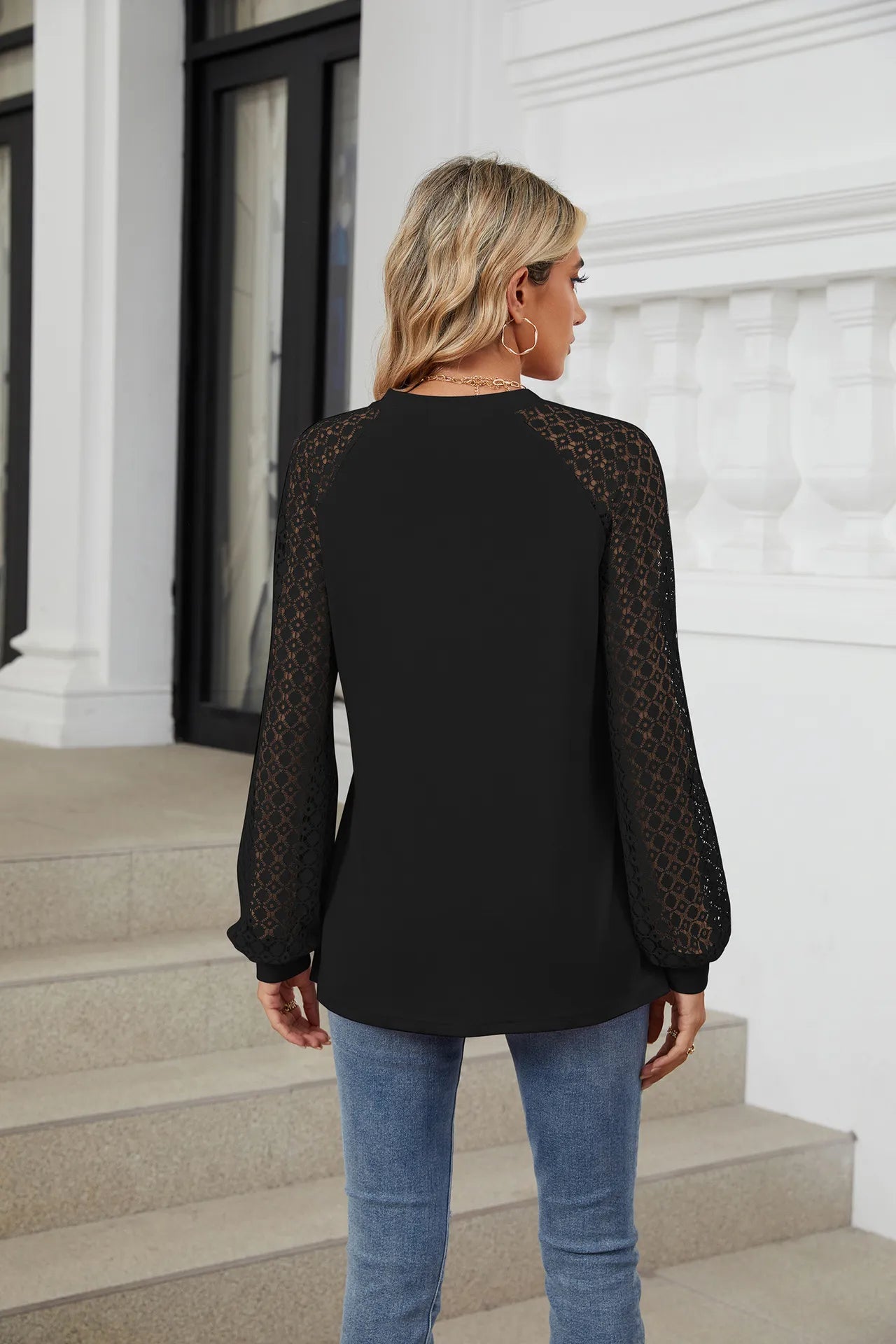 New Lace Long Sleeve Round Neck T-shirt Fashion Loose Solid Color Pullover Top For Womens Clothing