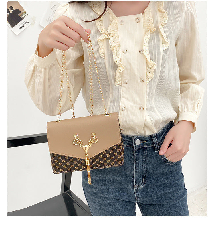 Tassel Deer Head Contrast Color Chain Small Square Leisure Phone Bag