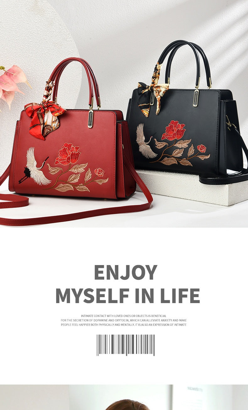 Womens New Chinese-Style National-Flair Embroidered Crane Fashion Crossbody Tote Bag