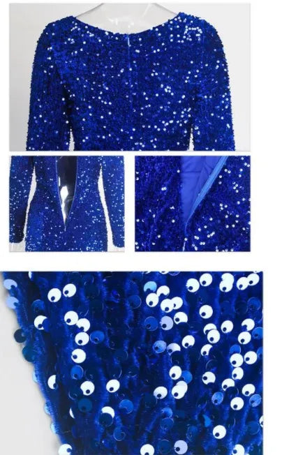 Women Modest Stretch Sequin Royal Blue Evening Prom Gown Party