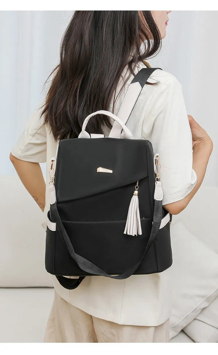 Oxford Cloth Stitching Women'S Backpack Anti-Theft Back Zipper Girls Schoolbag Casual Travel Double Shoulder Backpack