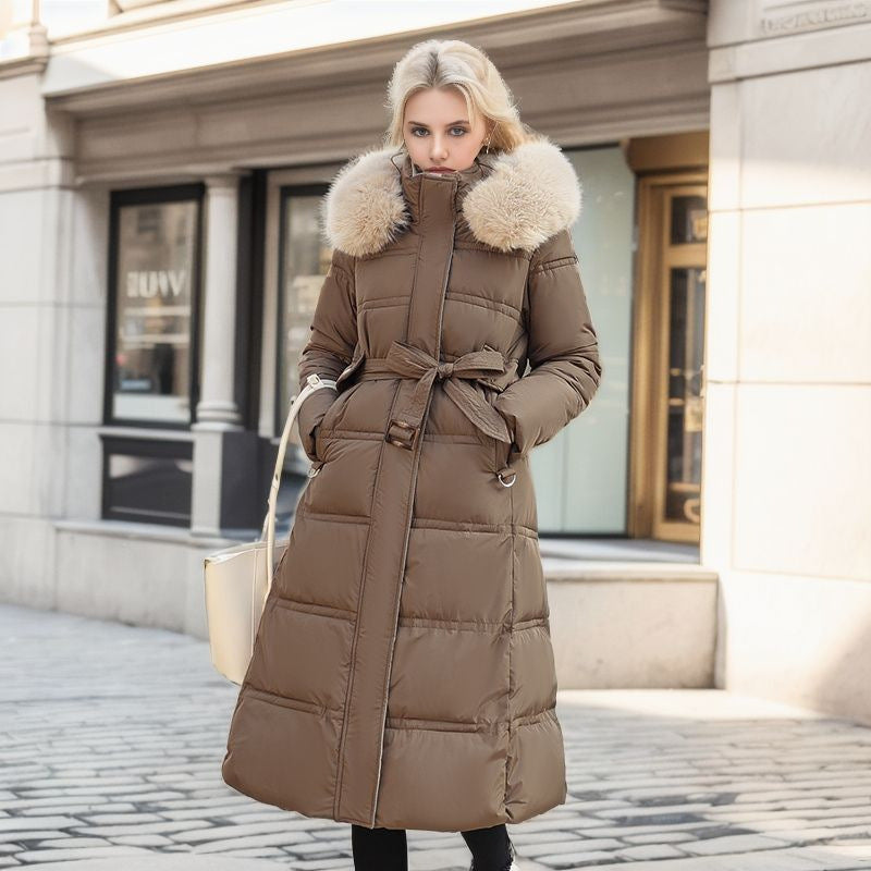 Winter Slim Long Jacket With Fur Hood And Belt Fashion Solid Hooded Coat Warm Clothing For Women