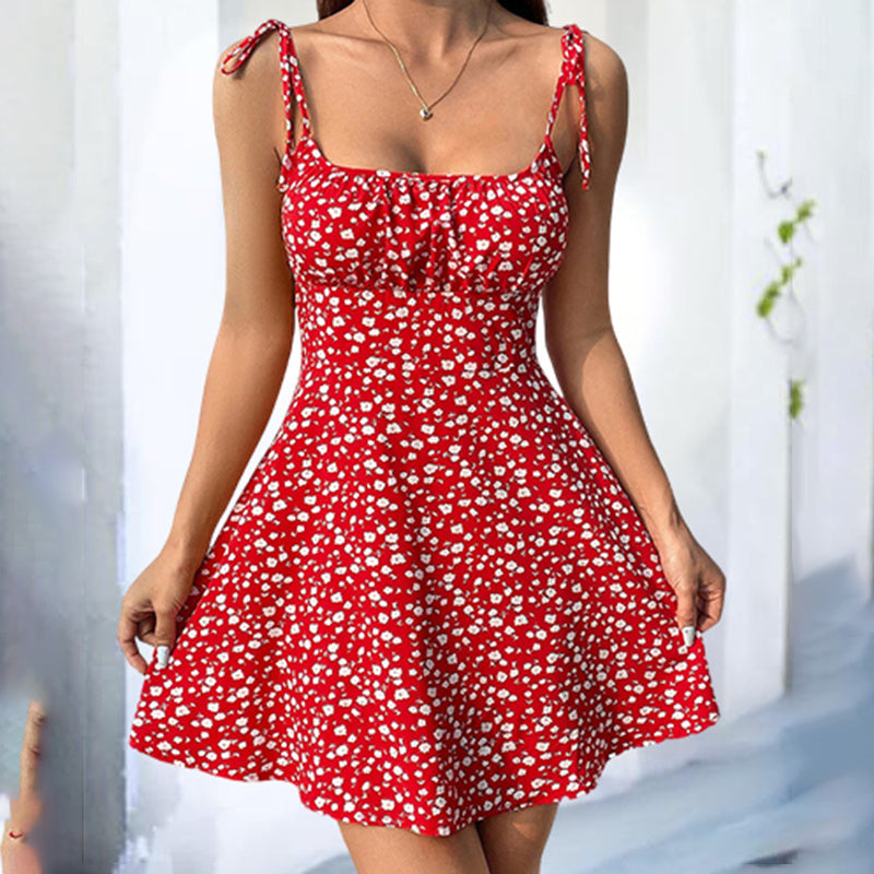 Womens Floral Mini Dress Spaghetti Strap Sleeveless Tie Shoulder Ruffle Summer Boho Dresses-FREE USA SHIPPING