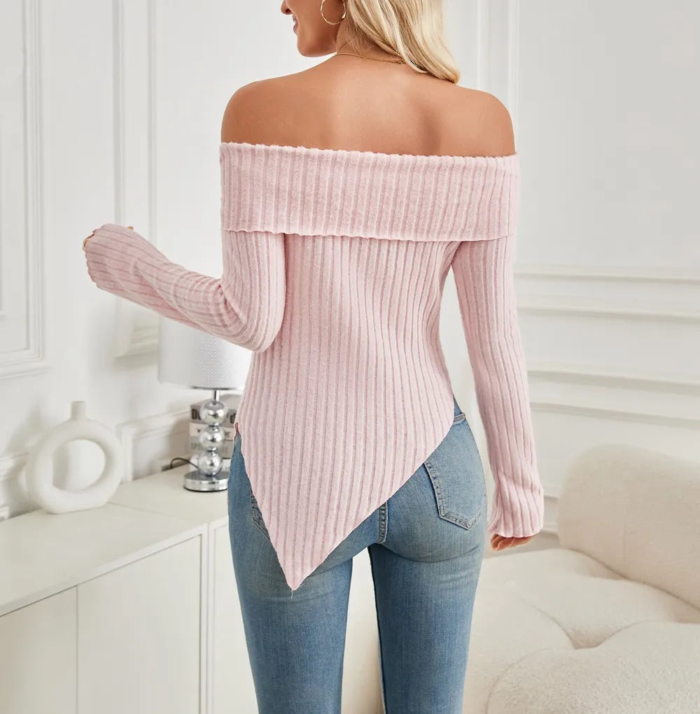 Women's Trendy Knit Ribbed Tops Bow Tie One Shoulder Long Sleeve Sweater Slim Cute Split Shirts Dressy Tops