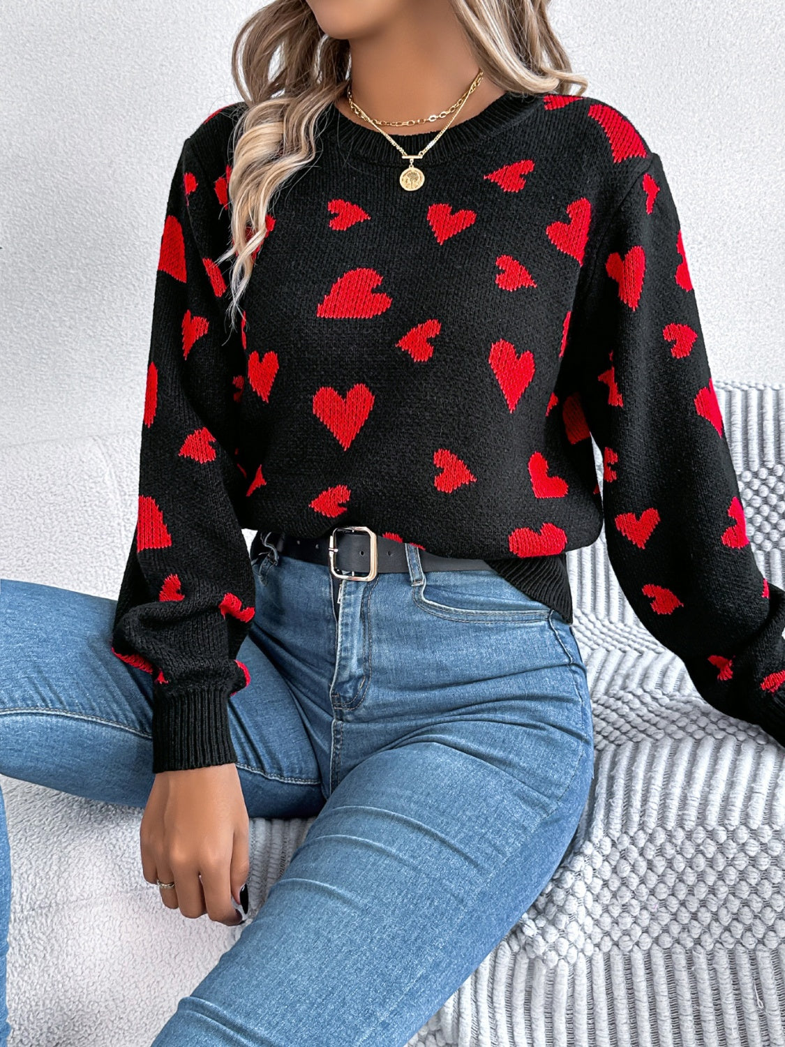 Heart Pattern Round Neck Long Sleeve Sweater