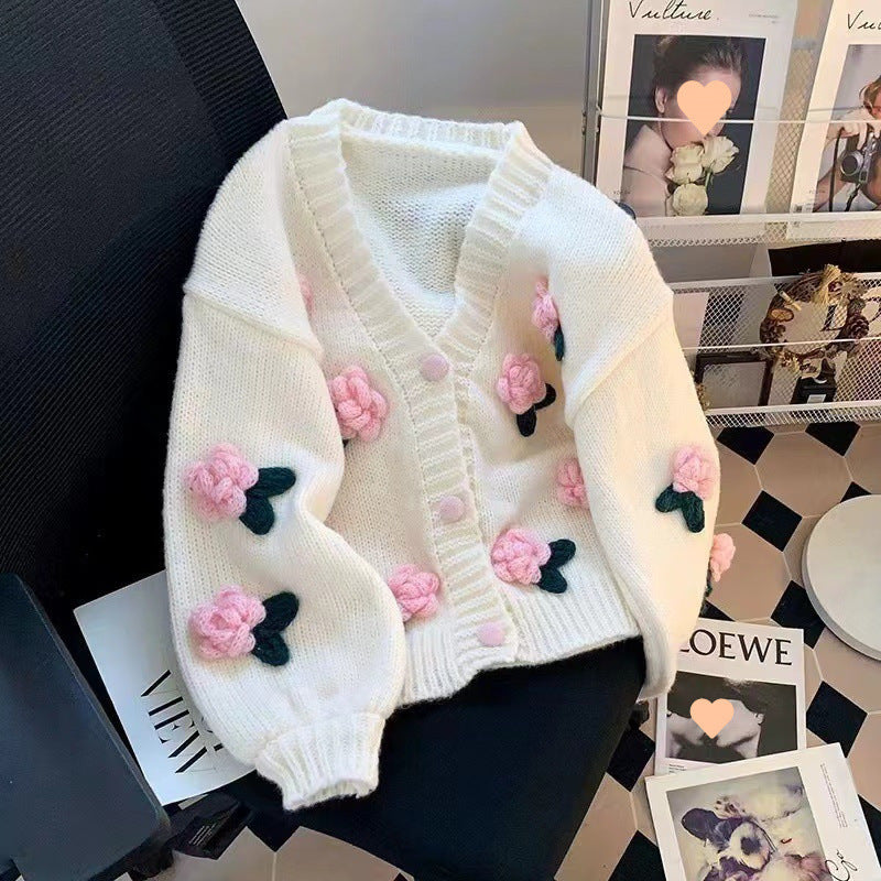 Women's Three-dimensional Flower Knitted Cardigan Loose Sweater Coat