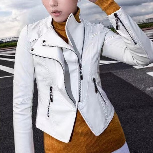 New Women's Leather Top Coat European And American Fashion Motorcycle Slim Fit Short Leather Jacket Zipper One Generation