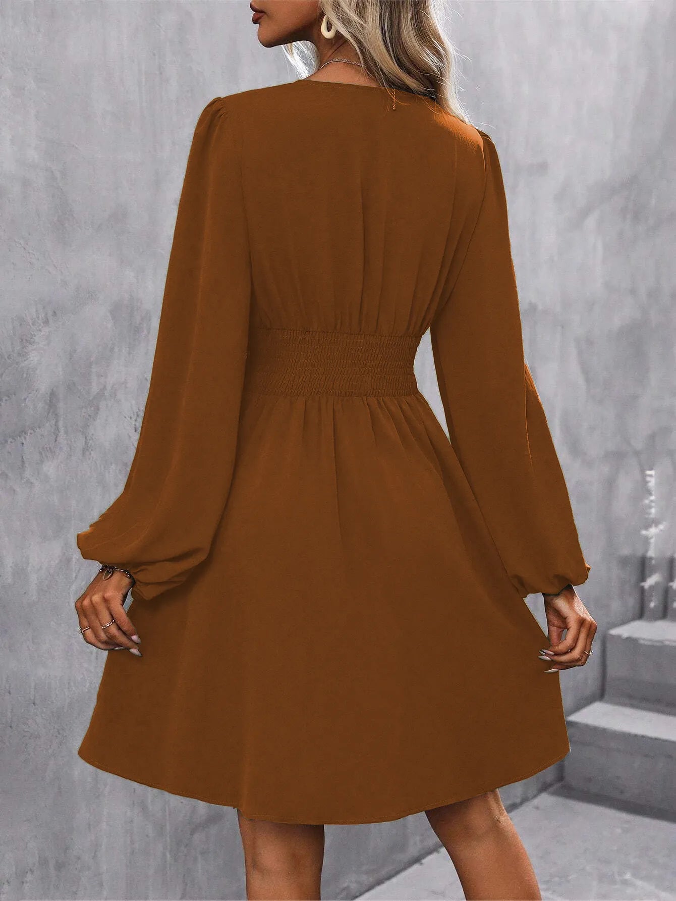 Women's Diagonal Collar Lantern Sleeve Smocking Pleated Waist Dress