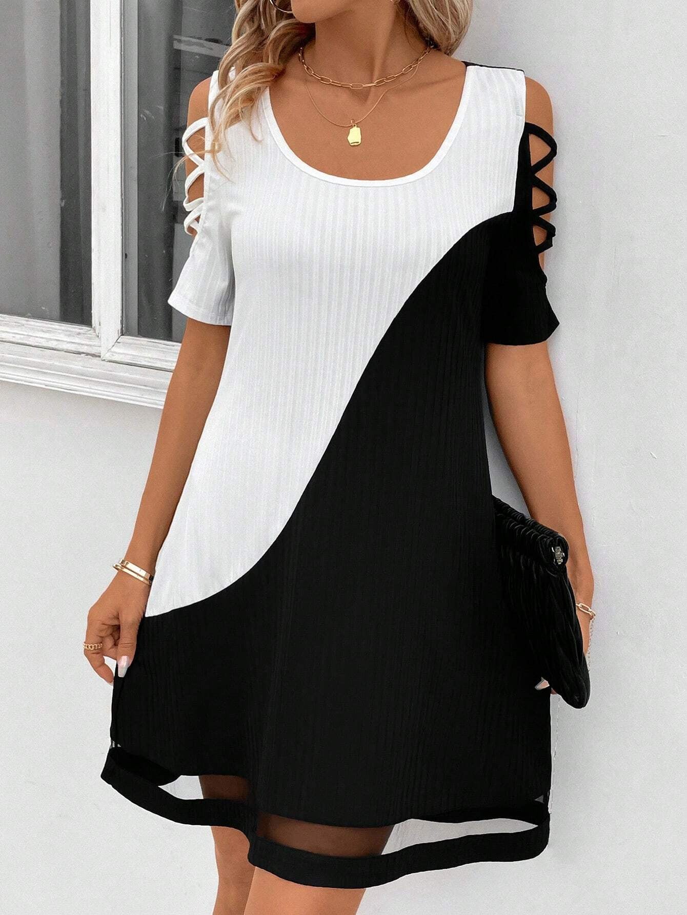 Women's Color Matching Hollow Out Mesh Midi Dress