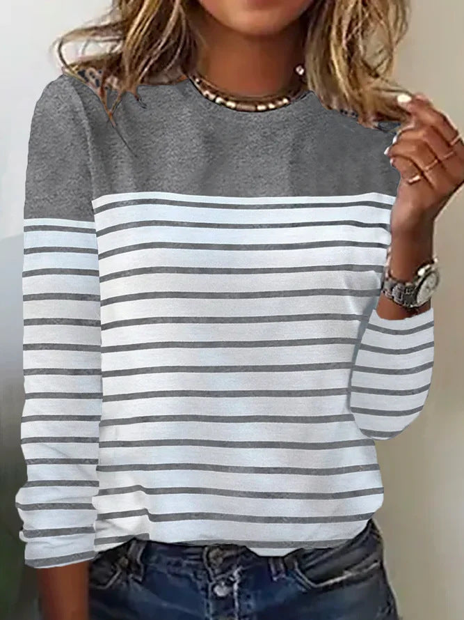 Long Sleeve Striped Two-tone Printed Patchwork Round Neck Top T-shirt