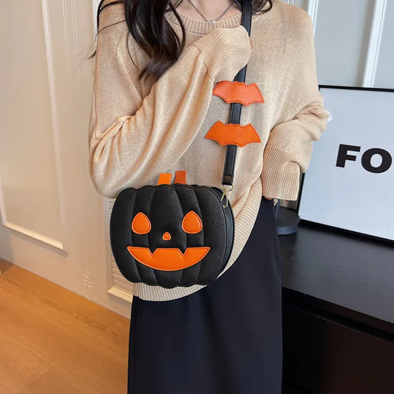 Halloween Bags Funny Pumpkin Cartoon Shoulder Crossbody Bag With Bat Creative Female Bag