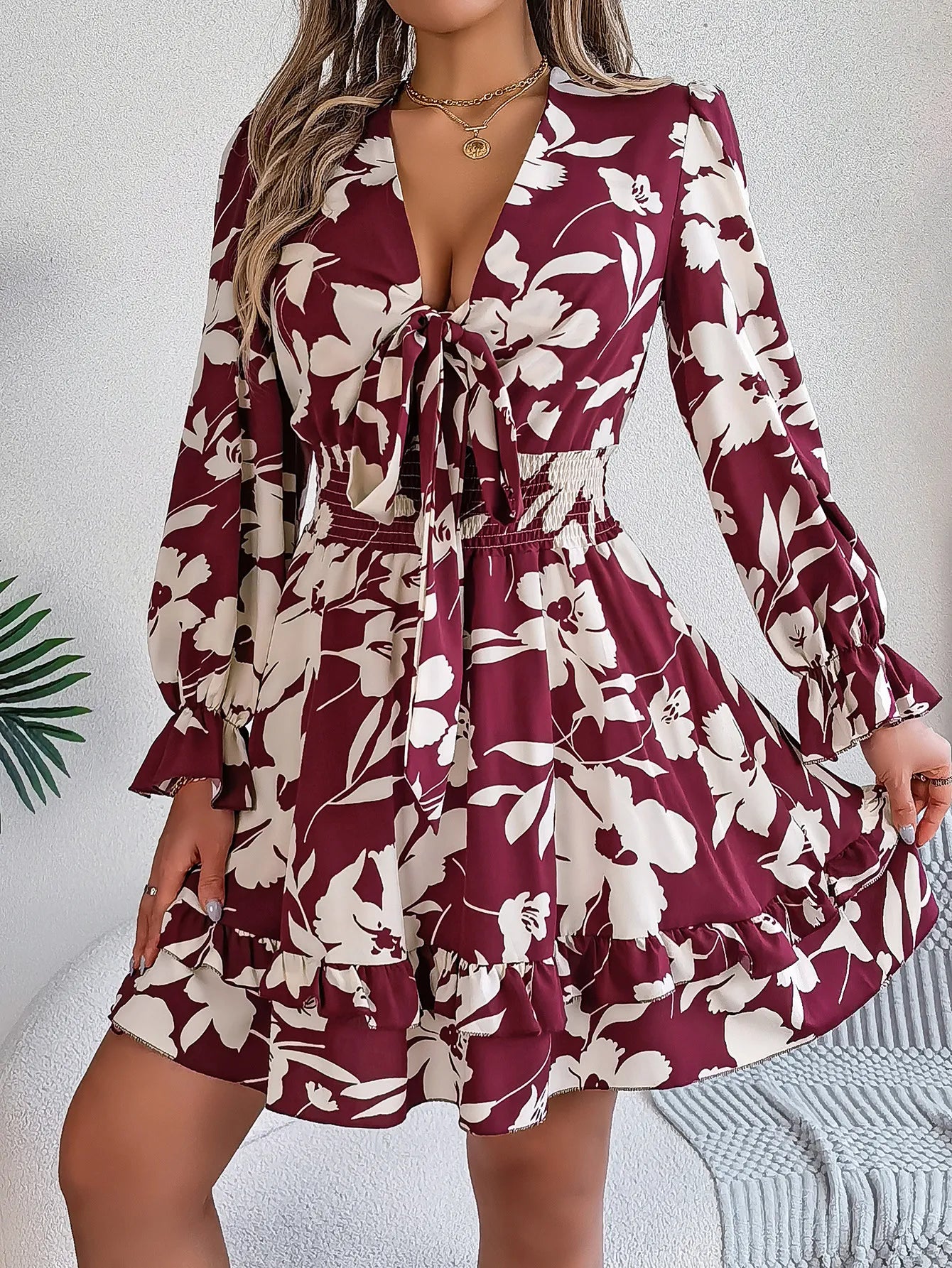 New Floral Printed V-Neck Long Sleeve Dress Fashion Ruffles Bowknot A-Line Short Dress Women's Clothing